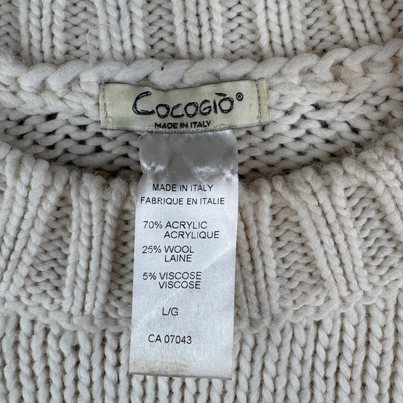 Cocogio Made in Italy Ivory Wool Cable Knit Crew Neck Long Sleeve Sweater LARGE - Picture 7 of 8